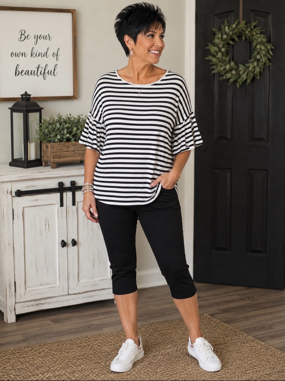 Z Supply striped short ruffle sleeve top